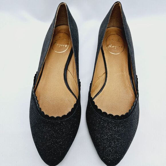 Jack Rogers Sz 7 Black Caroline Glitter Flats Scalloped Edges Pointed Toe - Picture 3 of 9